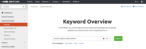 SEMRush SEO tool Keyword research