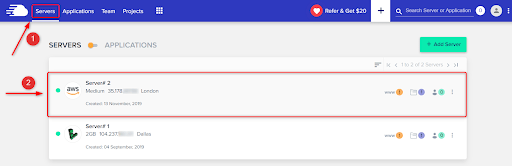 Choose your target server in Cloudways web hosting
